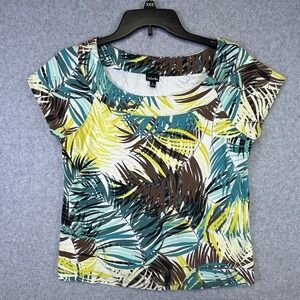 Rafaella Blouse Women's‎ Large Tropical Palm Print Scoop Neck Cap Sleeve Top